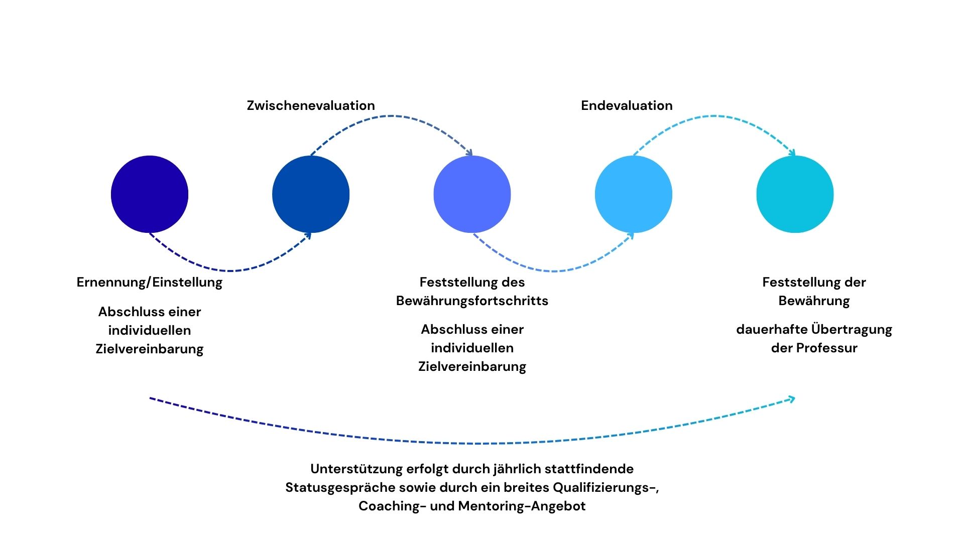 Infografik eines Prozessablaufs in fünf Phasen, das den Ablauf des Tenure-Track-Verfahrens zeigt. Punkt 1: Ernennung/Einstellung. Abschluss einer individuellen Zielvereinbarung. Punkt 2: Zwischenevaluation. Punkt 3: Feststellung des Bewährungsfortschritts. Abschluss eines individuellen Zielvereinbarung. Punkt 4: Endevaluation. Punkt 5: Feststellung der Bewährung. Dauerhafte Übertragung der Professur. Unterhalb des Prozesses verläuft ein Pfeil von Punkt 1 bis zu Punkt 5 mit der Beschriftung: "Unterstützung erfolgt durch jährlich stattfindende Statusgespräche sowie durch ein breites Qualifizierungs-, Coaching- und Mentoring-Angebot."