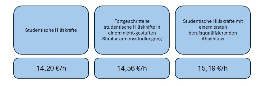 Tabelle mit den drei Vergütungsgruppen der studentischen Hilfskräfte. 1. Studentische Hilfskräfte: 14,20 € pro Stunde. Fortgeschrittene studentische Hilfskräfte in einem nicht-gestuften Staatsexamensstudiengang: 14,56 € pro Stunde. Studentische Hilfskräfte mit einem ersten berufsqualifizierenden Abschluss: 15,16 € pro Stunde.