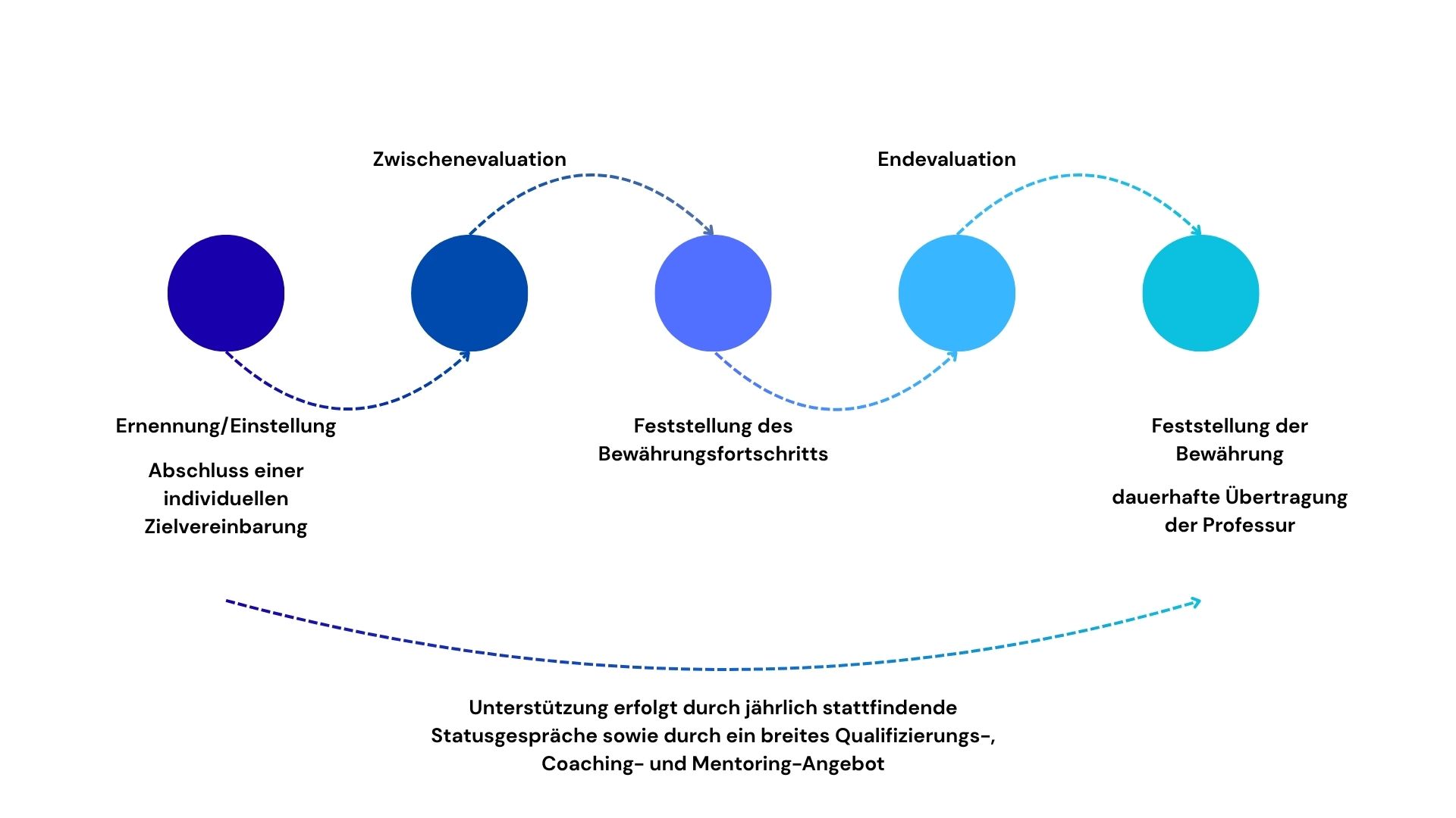 Infografik eines Prozesses in fünf Phasen, der den Ablauf des Tenure-Track-Verfahrens abbildet. Punkt 1: Ernennung/Einstellung. Abschluss einer individuellen Zielvereinbarung. Punkt 2: Zwischenevaluation. Punkt 3: Feststellung des Bewährungsfortschritts. Punkt 4: Endevaluation. Punkt 5: Feststellung der Bewährung. Dauerhafte Übertragung der Professur. Unterhalb des Prozesses verläuft ein Pfeil von Punkt 1 bis zu Punkt 5 mit der Beschriftung: "Unterstützung erfolgt durch jährlich stattfindende Statusgespräche sowie durch ein breites Qualifizierungs-, Coaching- und Mentoring-Angebot."